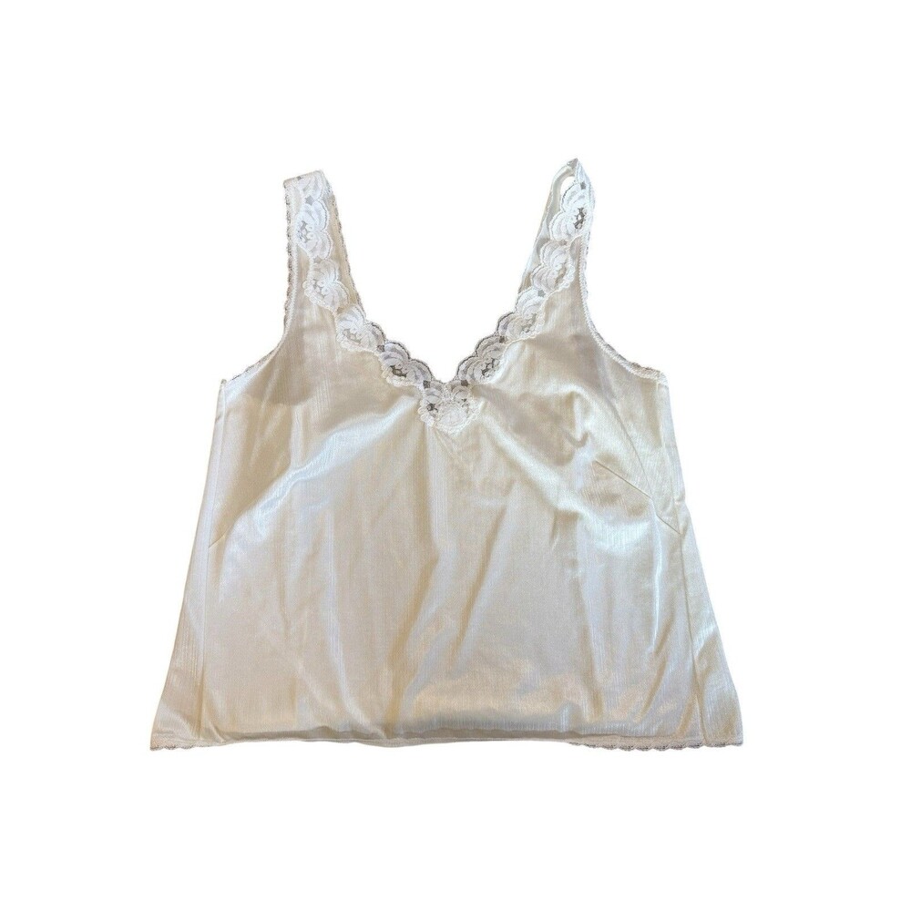 Vintage White Satin Nylon Camisole Top 36 Made in USA Lace Trim V-Neck Lingerie